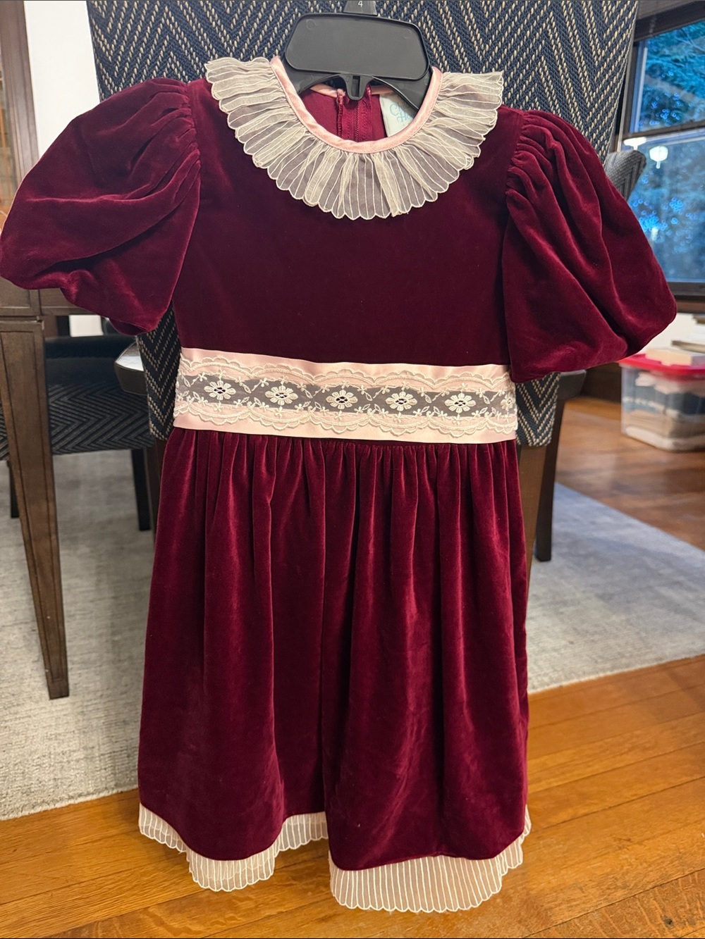 Classic Burgundy Velvet Girls' Dress with Lace Trim